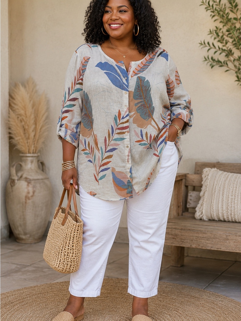 Cynthia Rowley 100% Linen Tropical Leaf Tunic Top 2X XXL Beachy Coastal